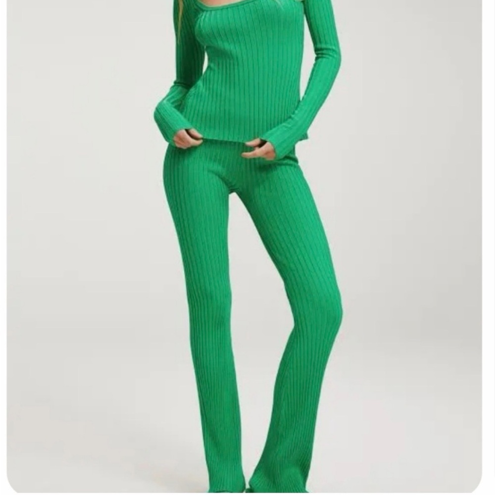 Good American Ribbed Knit Wide-Leg Pants - Green